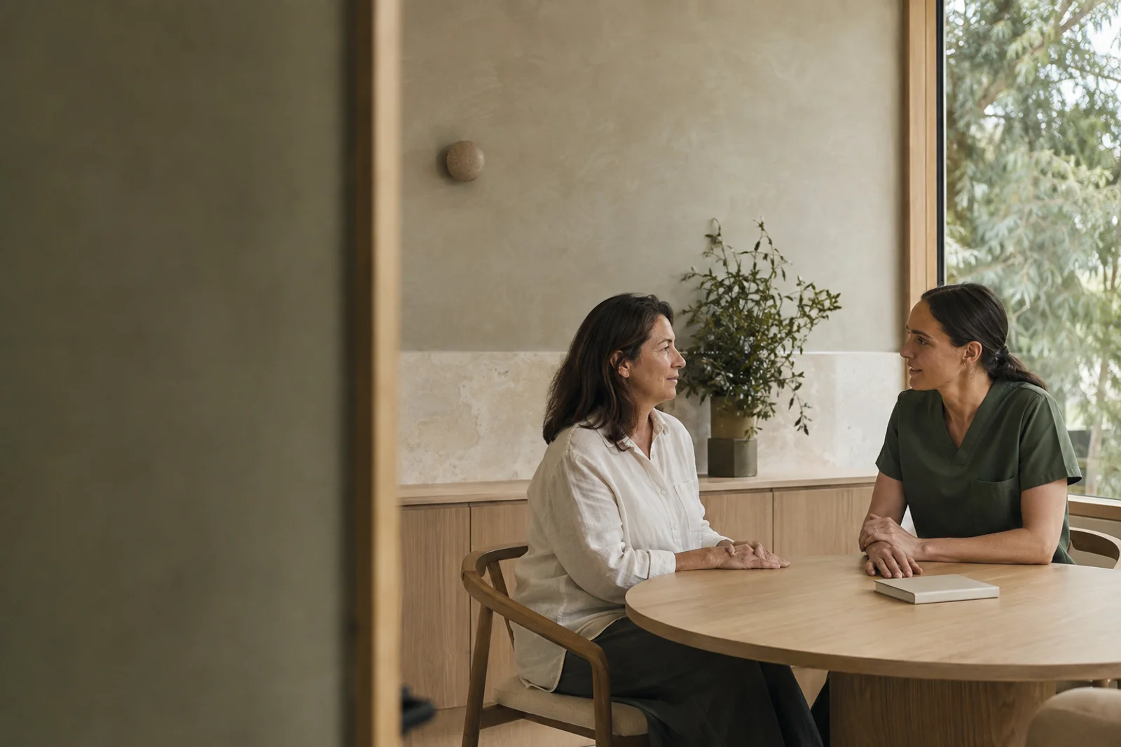 Illustrative scene of two women having a calm conversation at a table in a light-filled room.